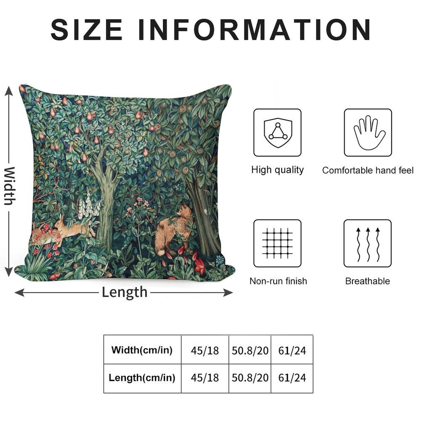 GREENERY, FOREST ANIMALS Fox And Hares Blue Green Floral Tapestry Soft Shrink-Resistant Throw Pillow