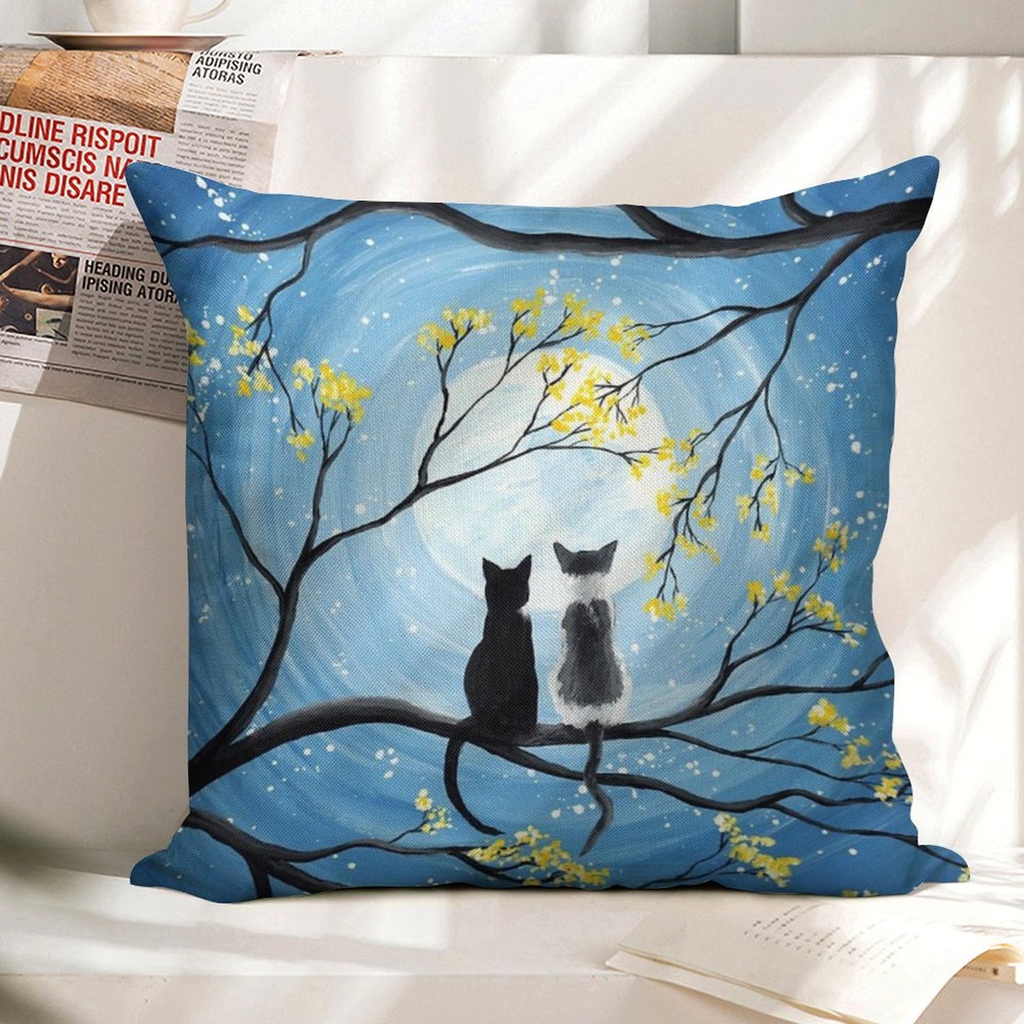 Cats Full Moon Linen Throw Pillow Cover