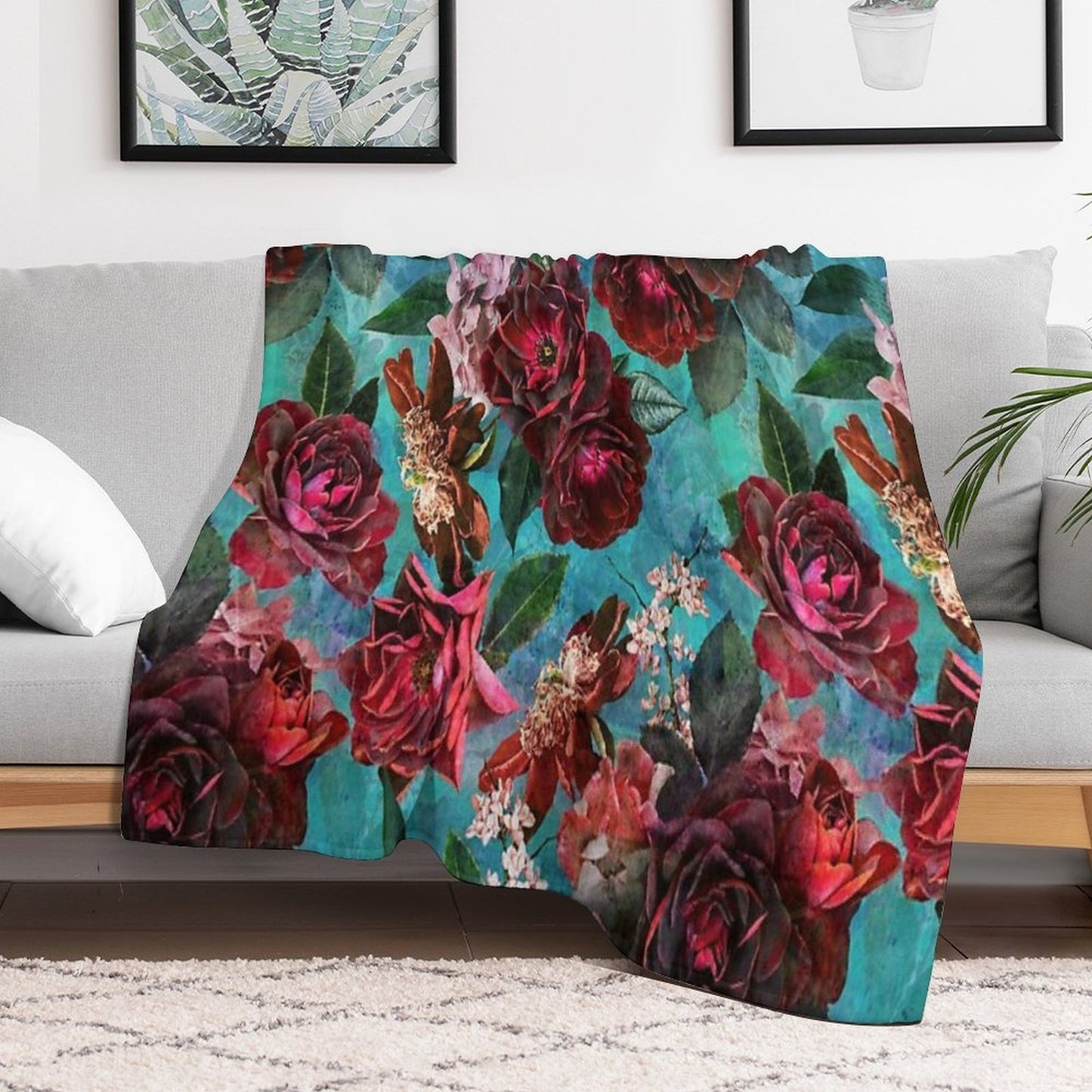 Turquoise Vintage Summer Roses Botanical Garden NightGarden Throw Blanket