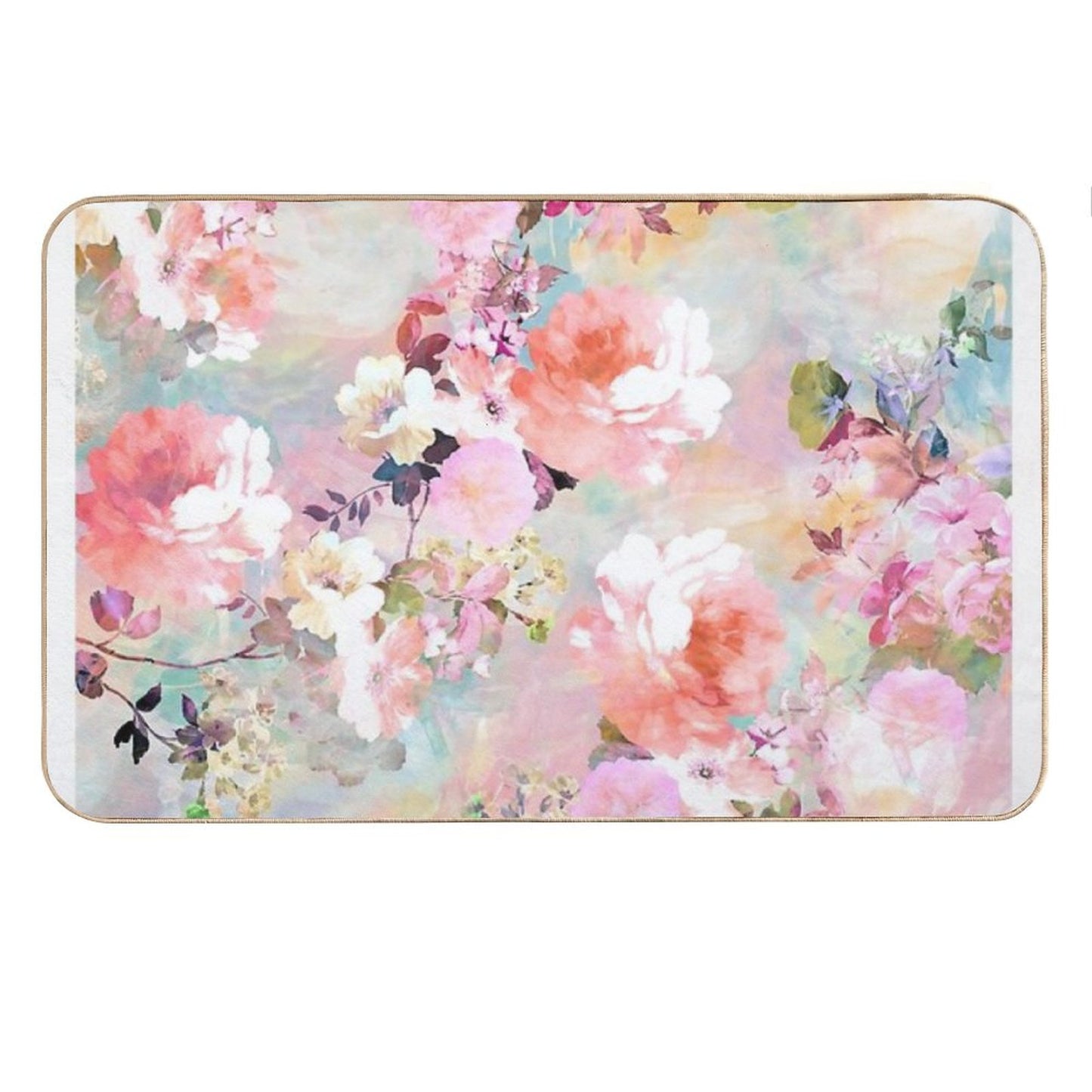 Romantic Pink Teal Watercolor Chic Floral Pattern Bath Mat