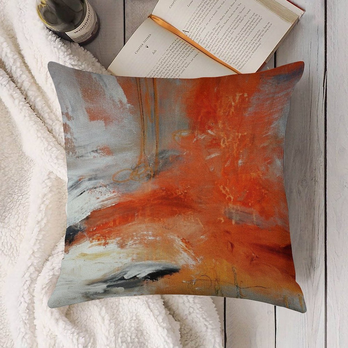 Red Orange Abstract Print Linen Throw Pillow Cover
