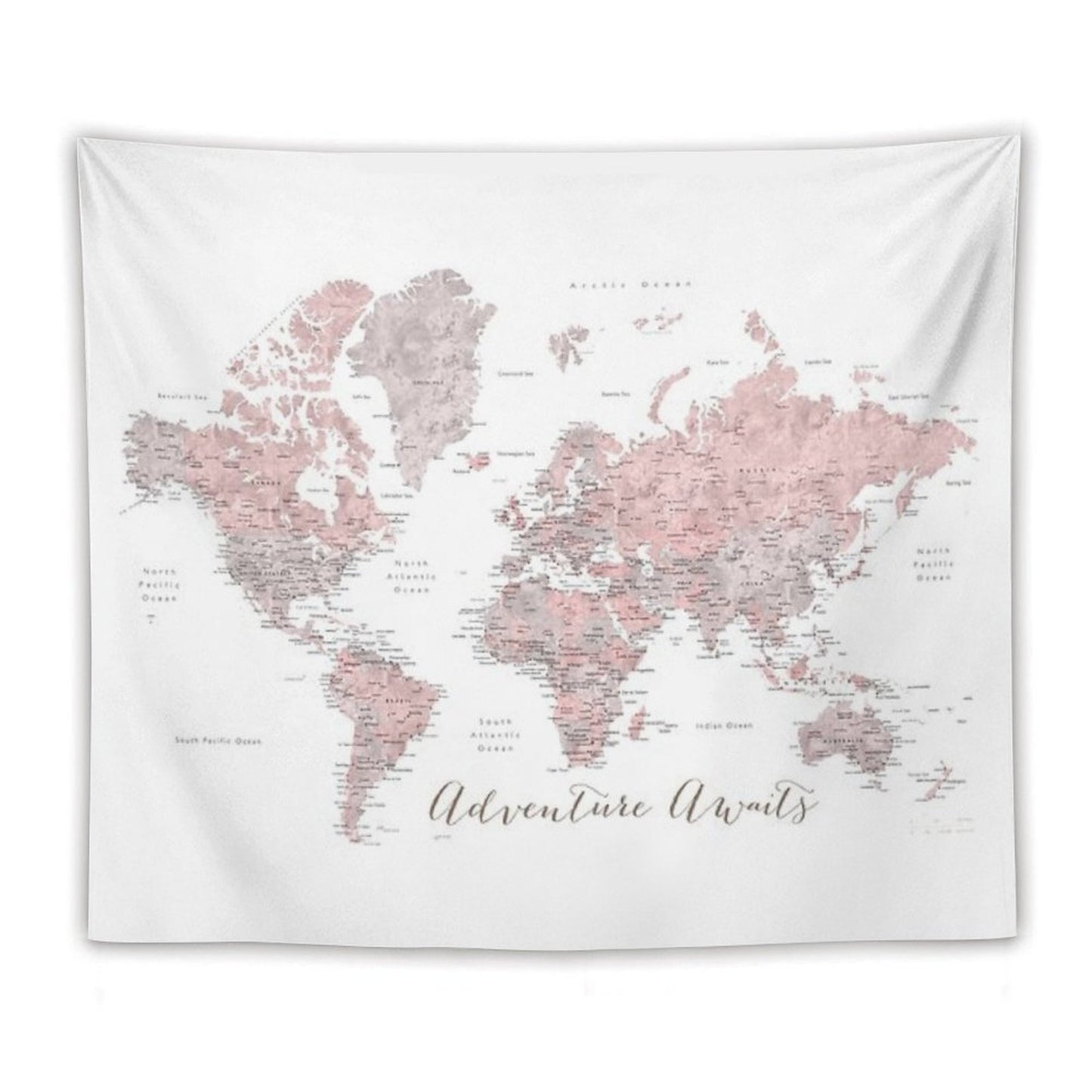 World Map Adventure Awaits in Dusty Pink And Grey Tapestry