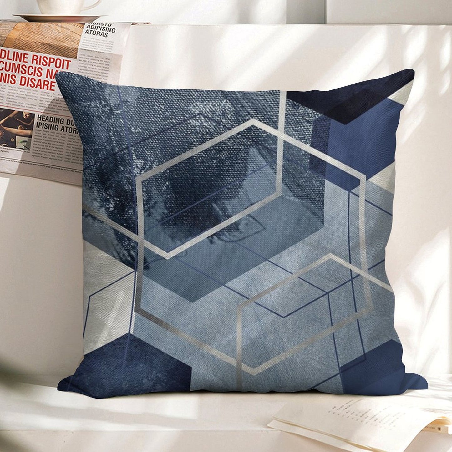 Blue And Grey Geo Linen Throw Pillow Cover