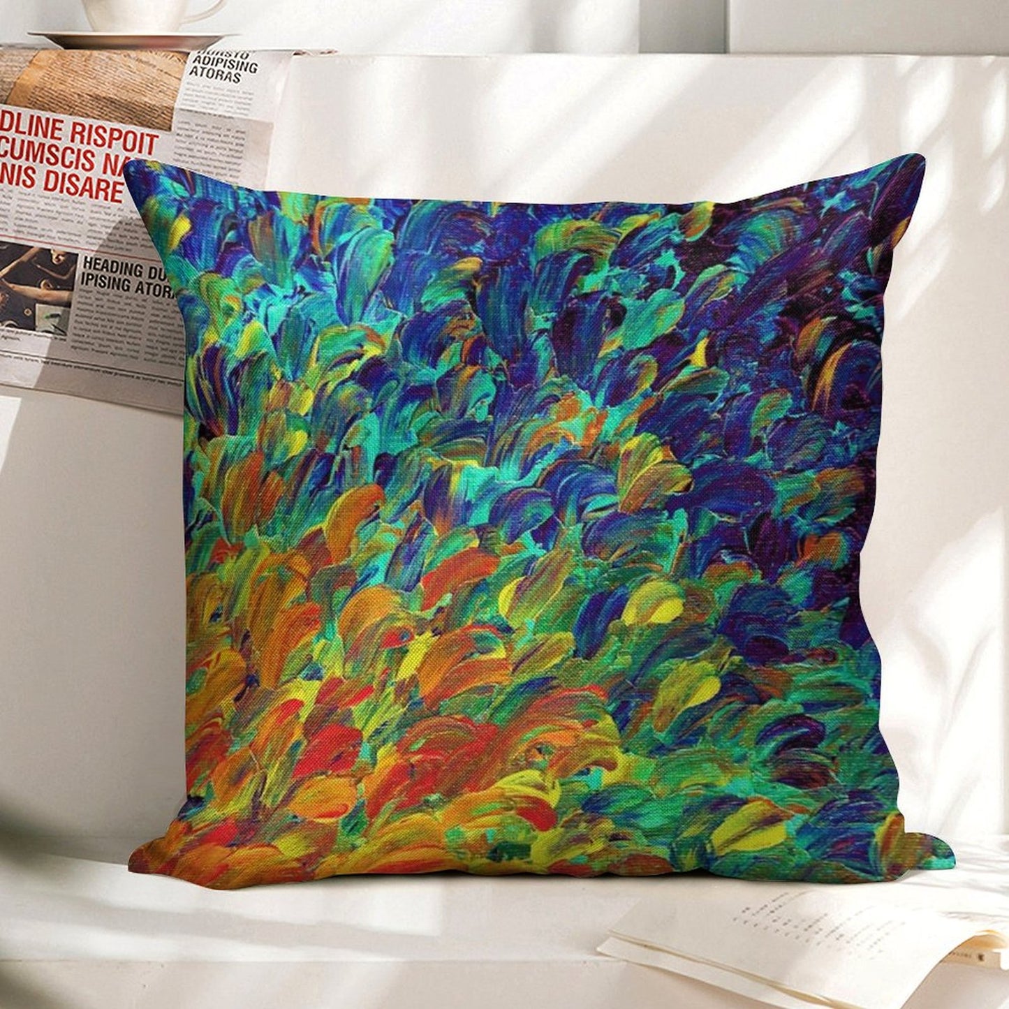 FOLLOW THE CURRENT 1, Bold Colorful Abstract Acrylic Painting Ocean Waves Blue Orange Splash Ombre Fine Art Linen Throw Pillow Cover