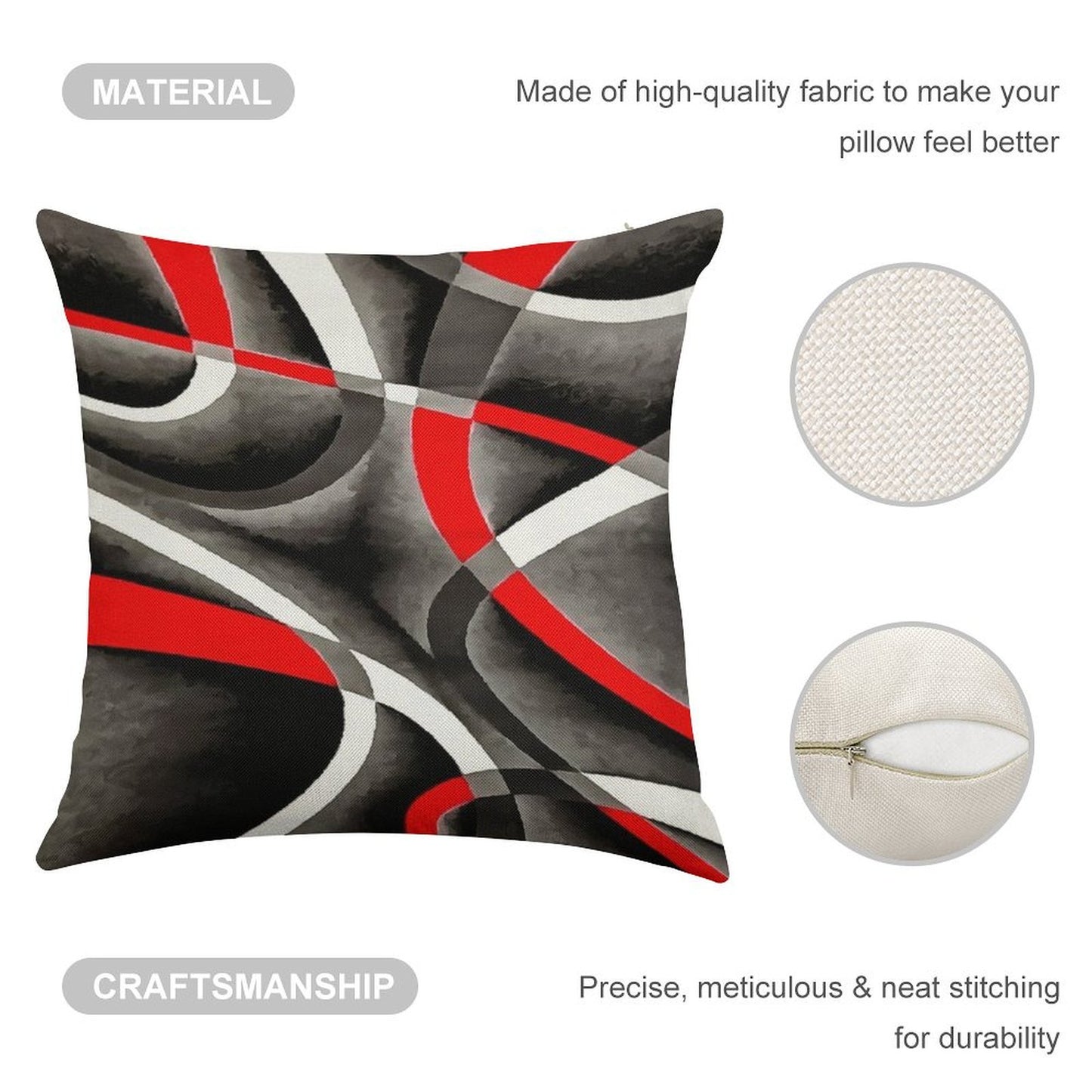 Eighties Red White Grey Line Curve Pattern On Black Linen Throw Pillow Cover