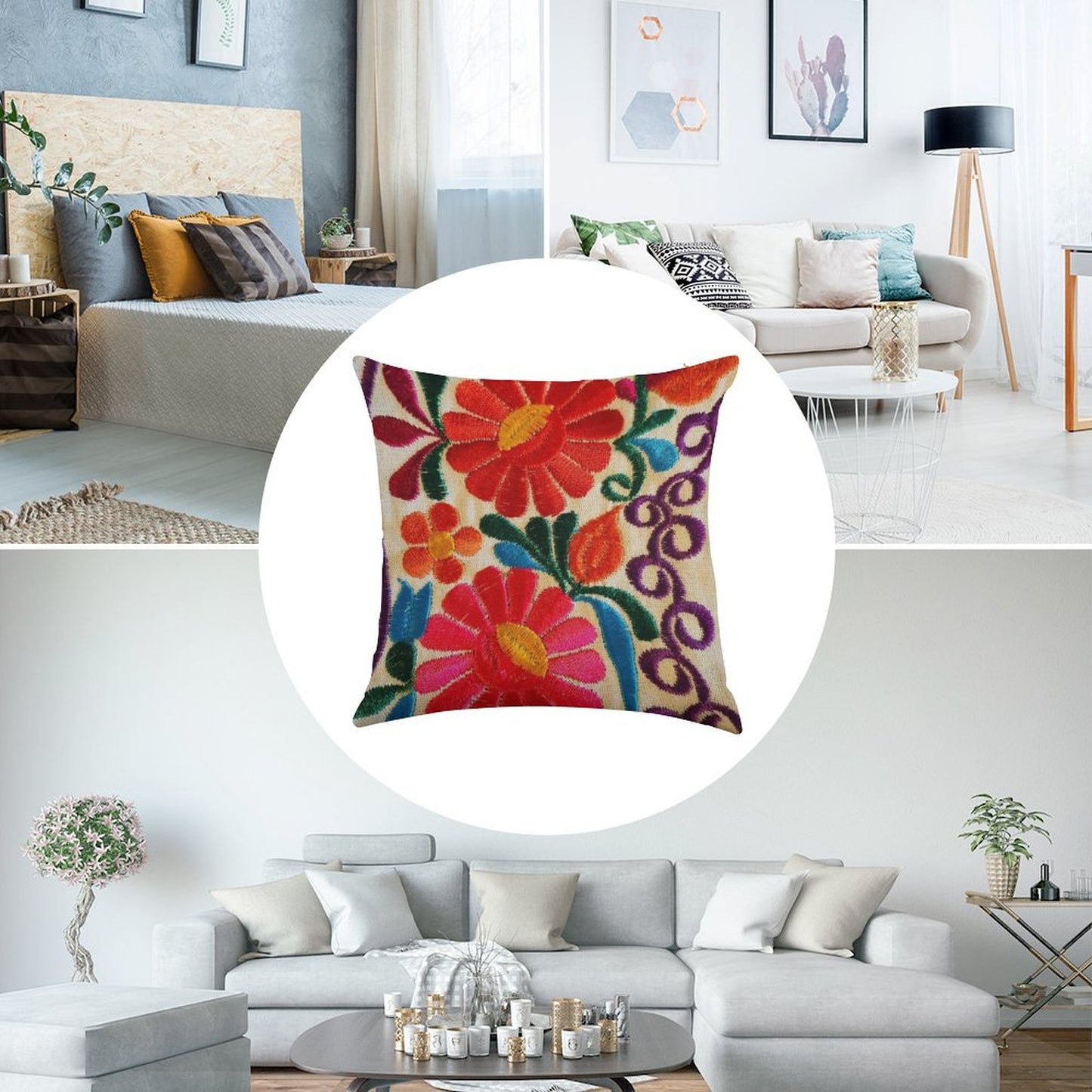 Mexico's Flowers Linen Throw Pillow Cover