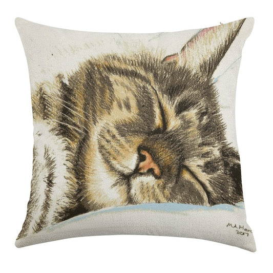 Sleeping Tabby Cat Linen Throw Pillow Cover