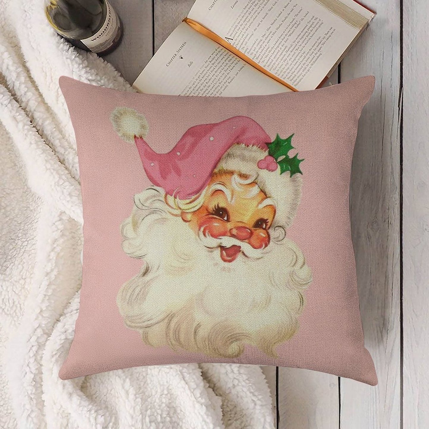 Retro Santa Claus Pink Linen Throw Pillow Cover
