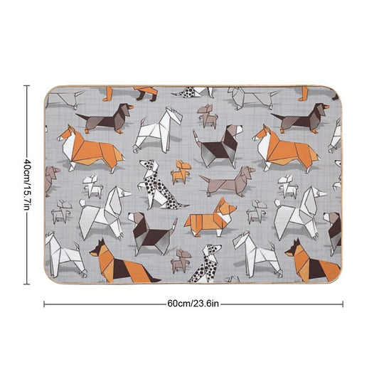 Origami Doggie Friends Grey Linen Texture Background Bath Mat