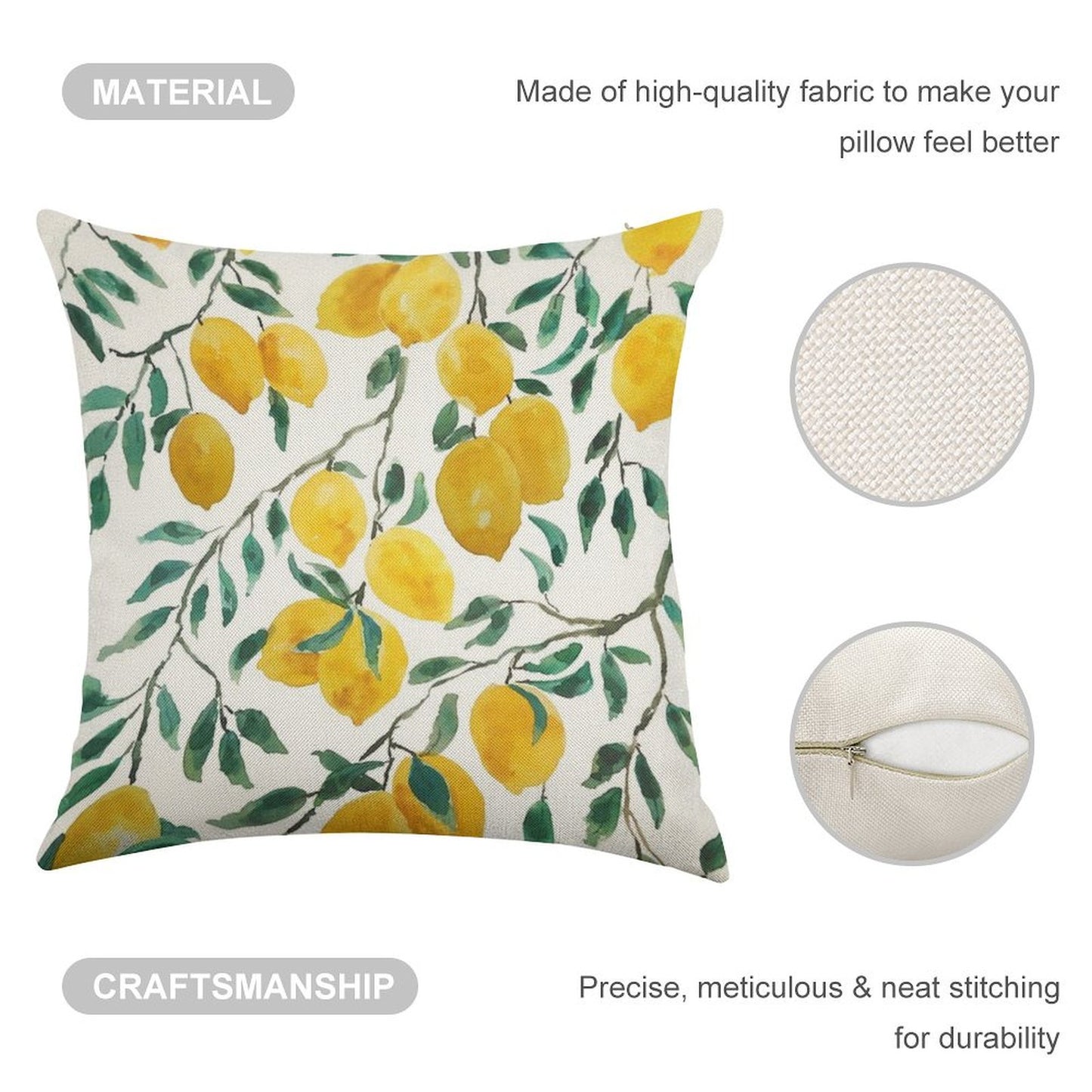 Hand Painted Watercolor Yellow Lemon Pattern Linen Throw Pillow Cover