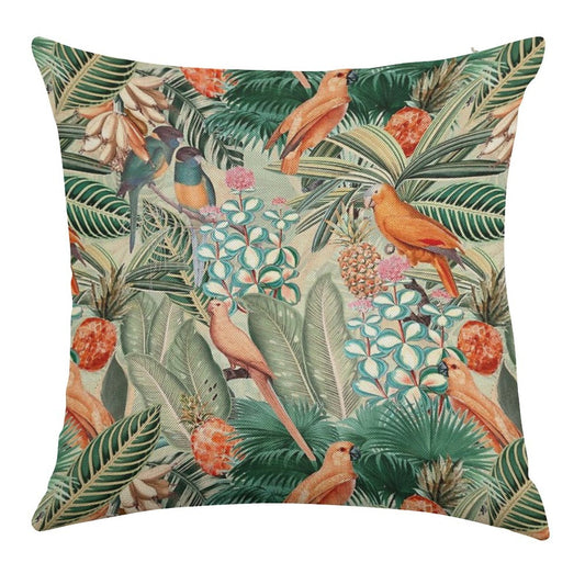 Vintage Orange Tropical Bird Jungle Botanical Garden Nightgarden Linen Throw Pillow Cover