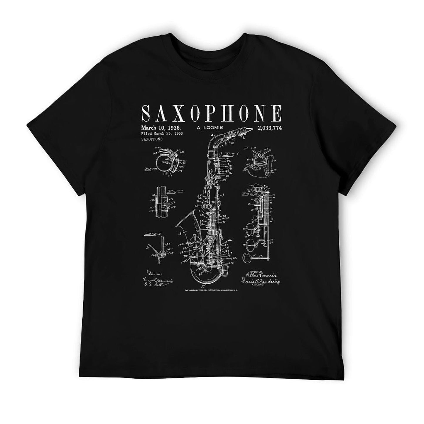 Saxophone Old Vintage Patent Drawing Print T-Shirt
