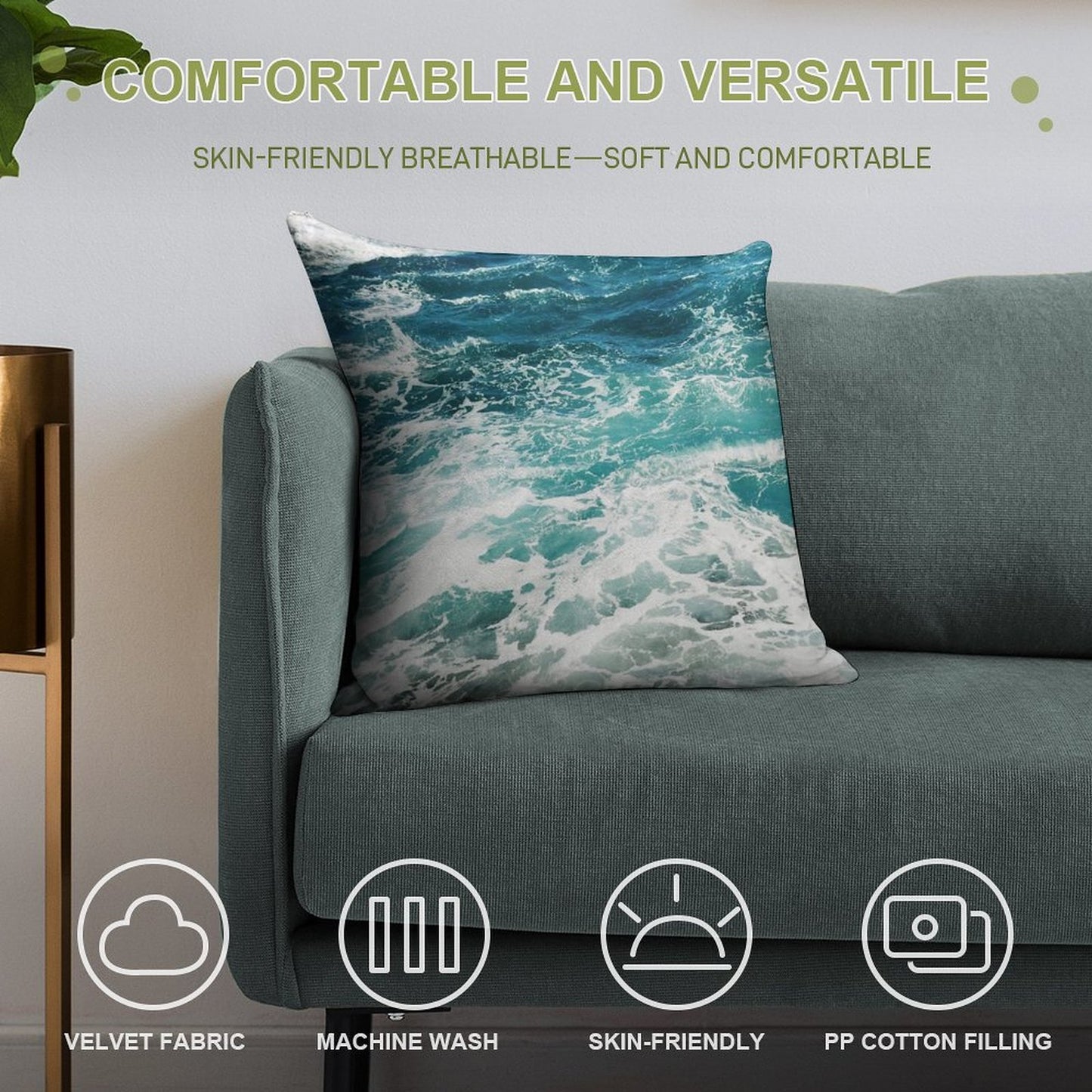 Blue Ocean Waves Soft Fade-Resistant Throw Pillow
