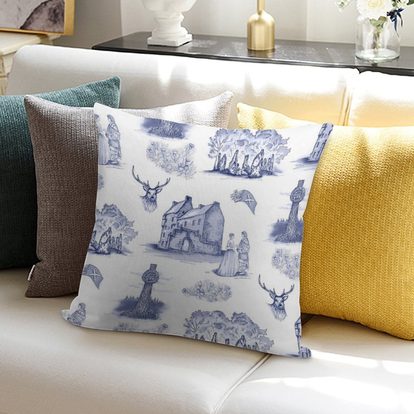 Highlander Toile in Blue Soft Warmth Comfort Throw Pillow