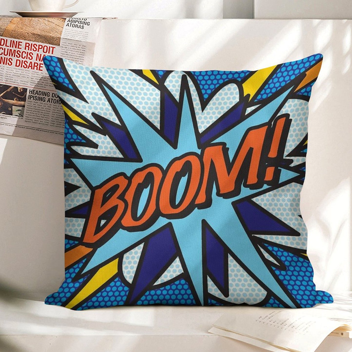 BOOM Comic Book Pop Art Modern Fun Retro Linen Throw Pillow Cover