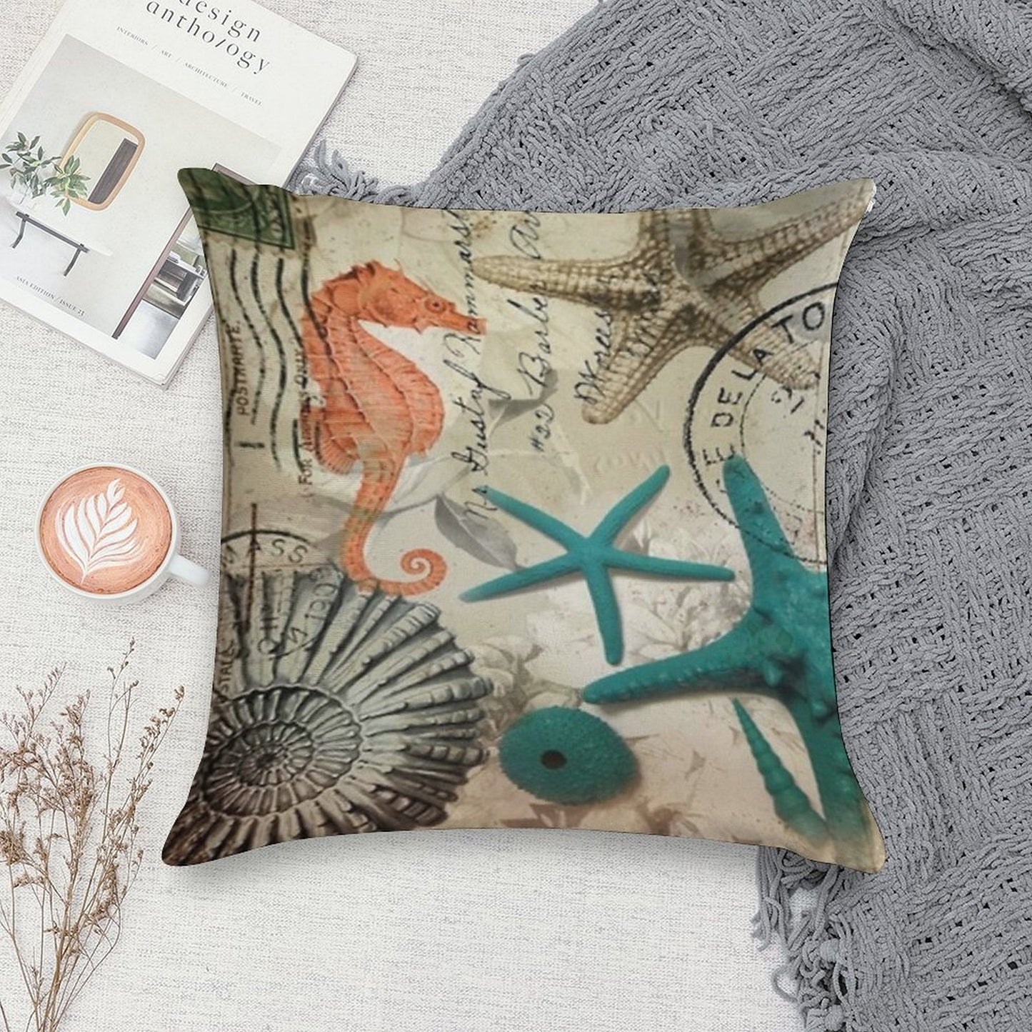 Dark Academia Coastal Seashell Teal Starfish Seahorse Ocean Beach Soft Short Plush Fabric Throw Pillow