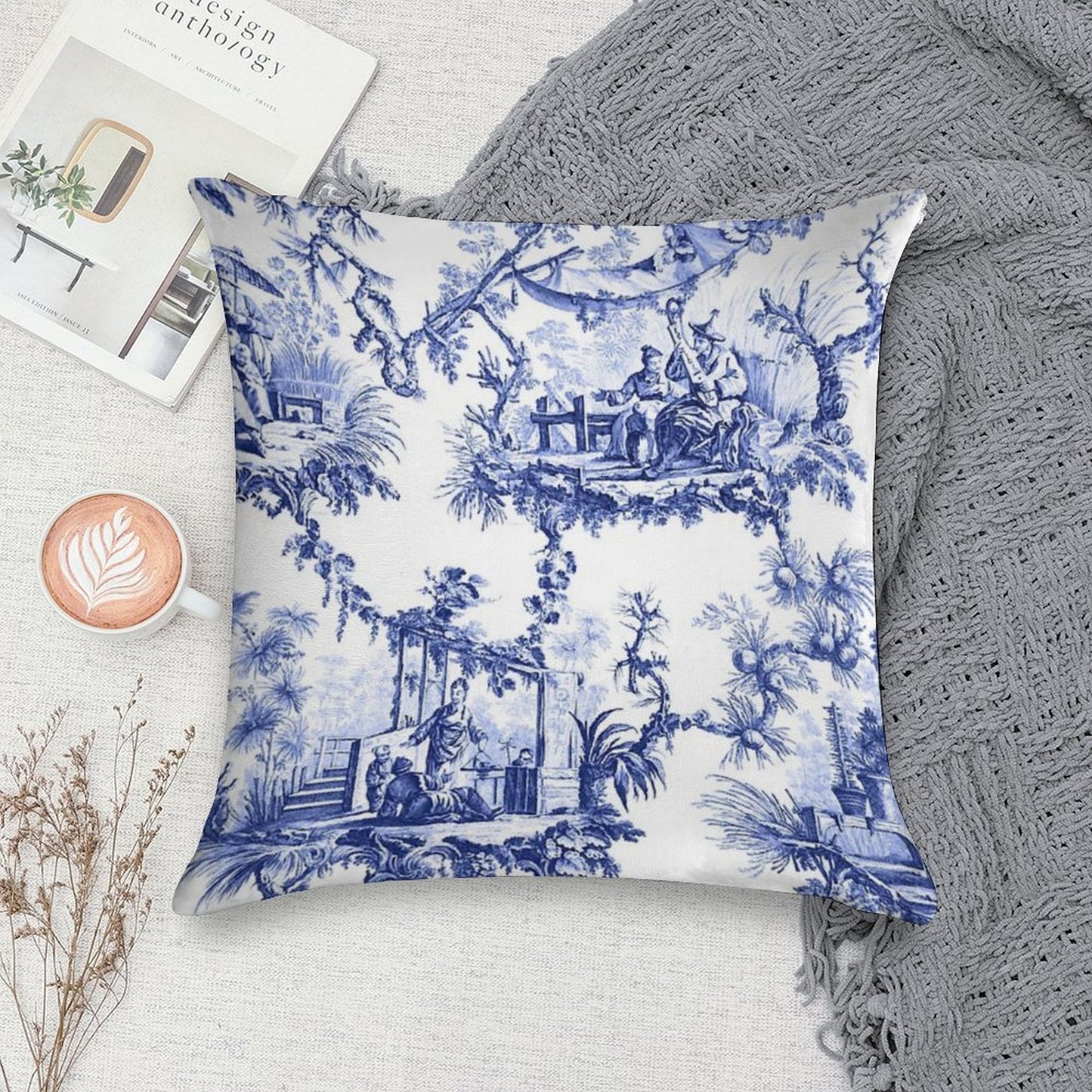 Blue Chinoiserie Toile Soft Hidden Zipper Throw Pillow