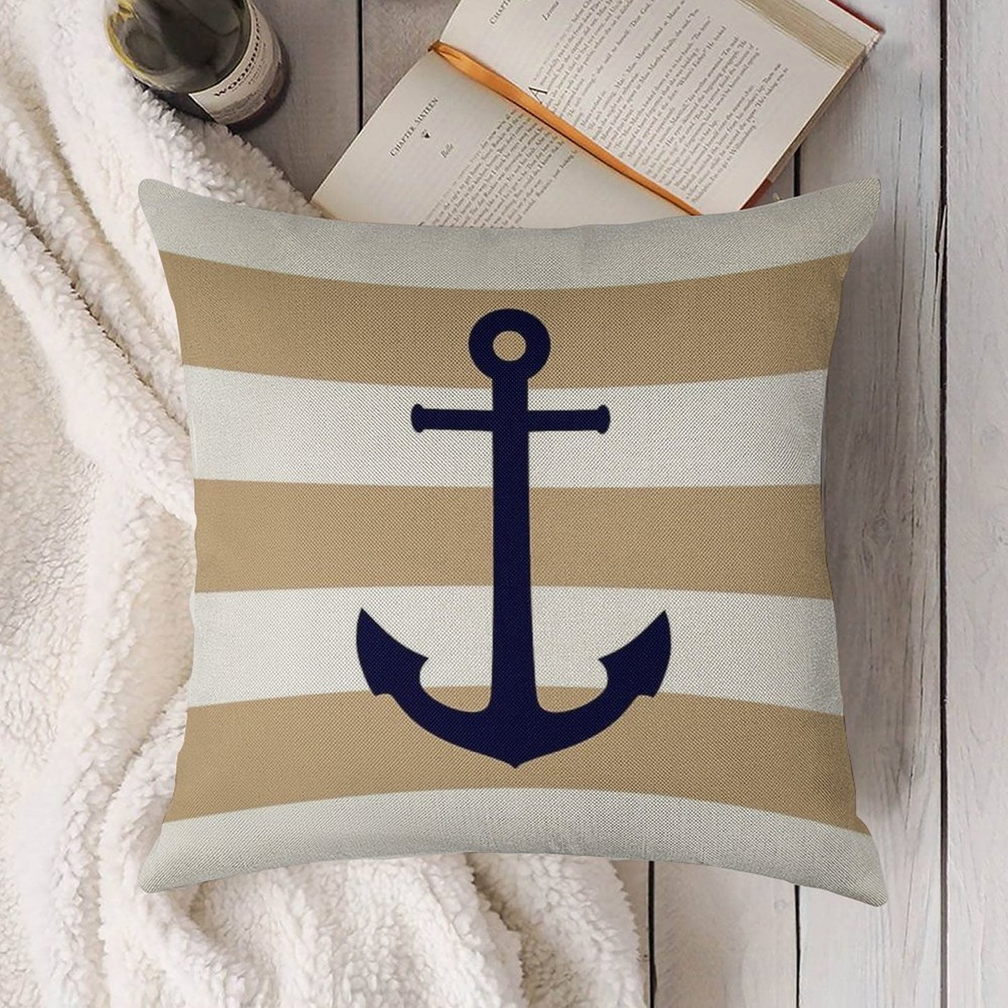 Nautical Navy Blue Anchor On Tropical Tan Stripes Linen Throw Pillow Cover