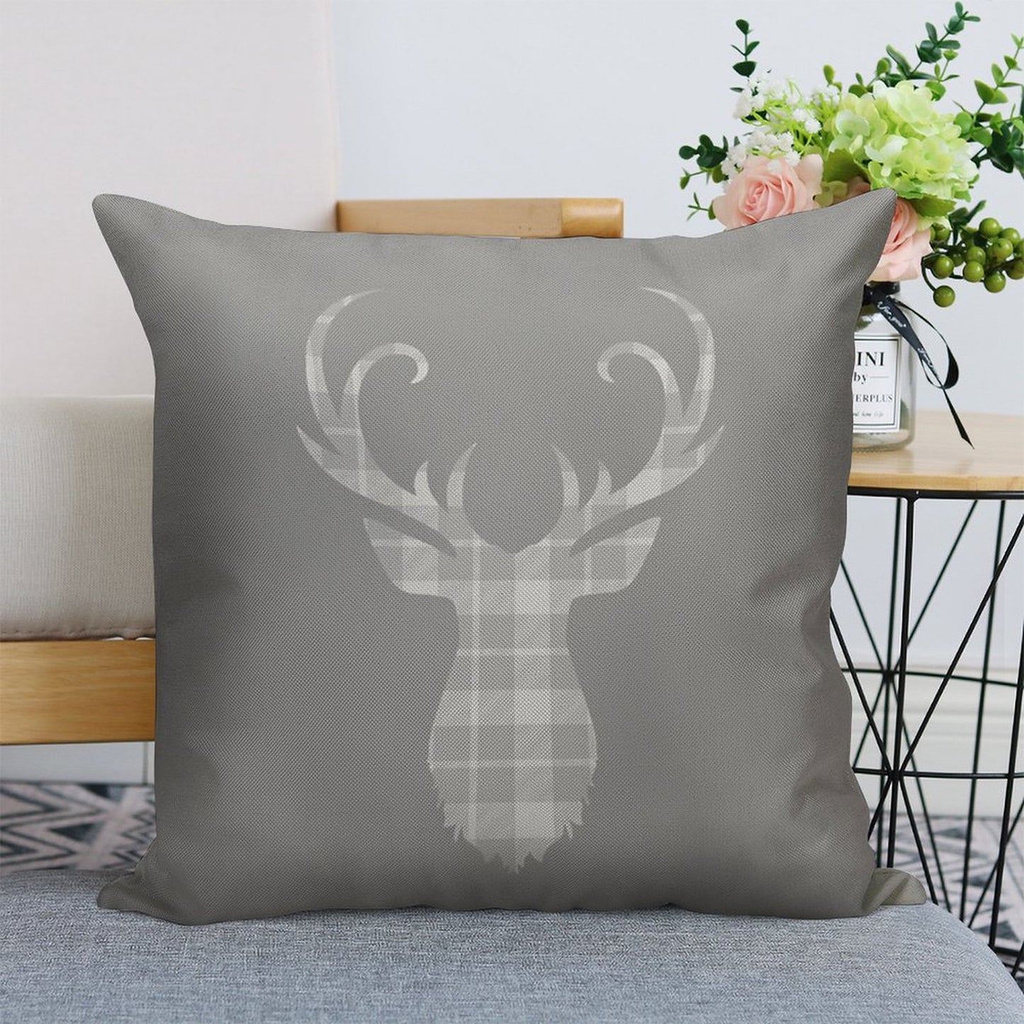 Grey Tartan Stag Head Linen Throw Pillow Cover