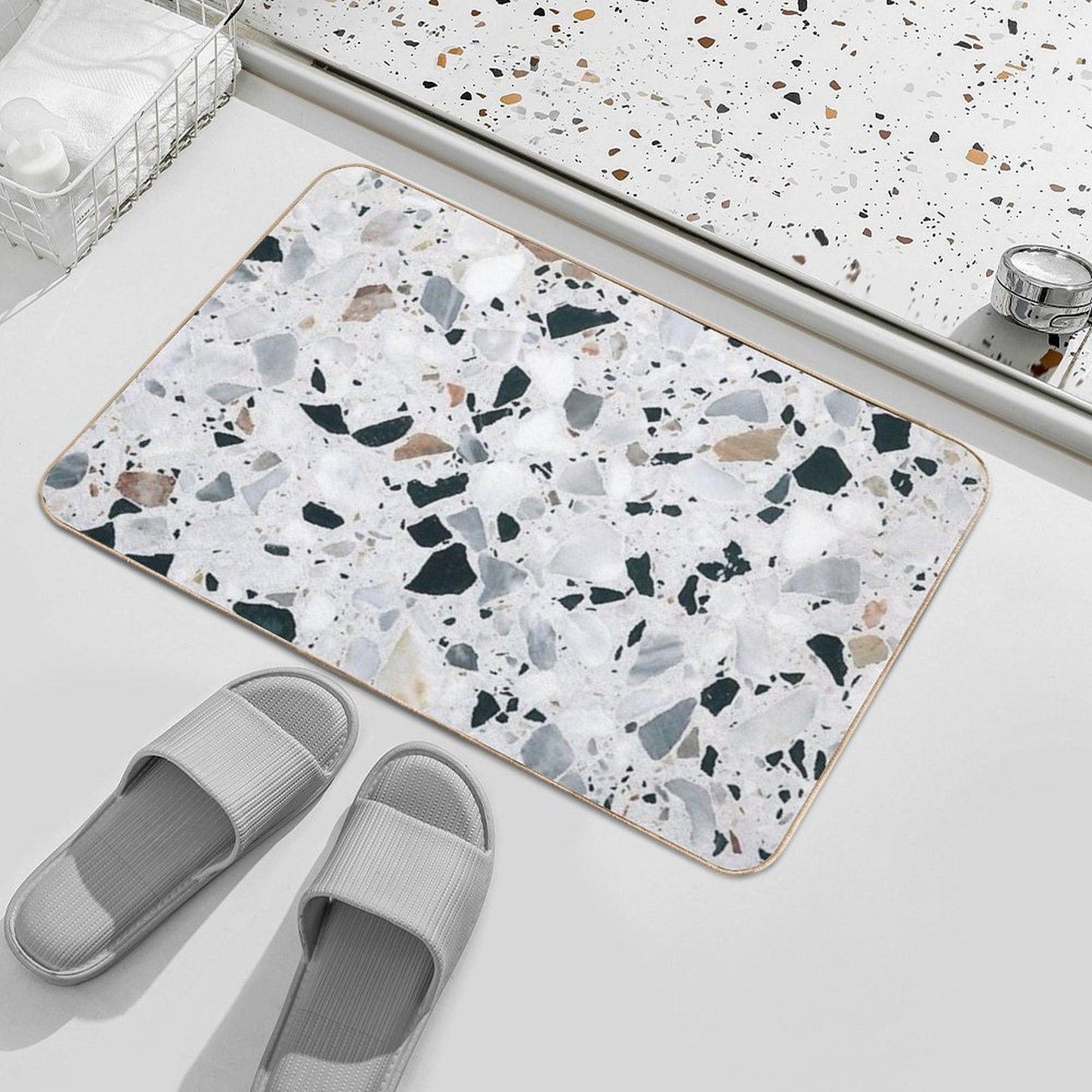 Terrazzo Black, White, Grey And Bronze Bath Mat