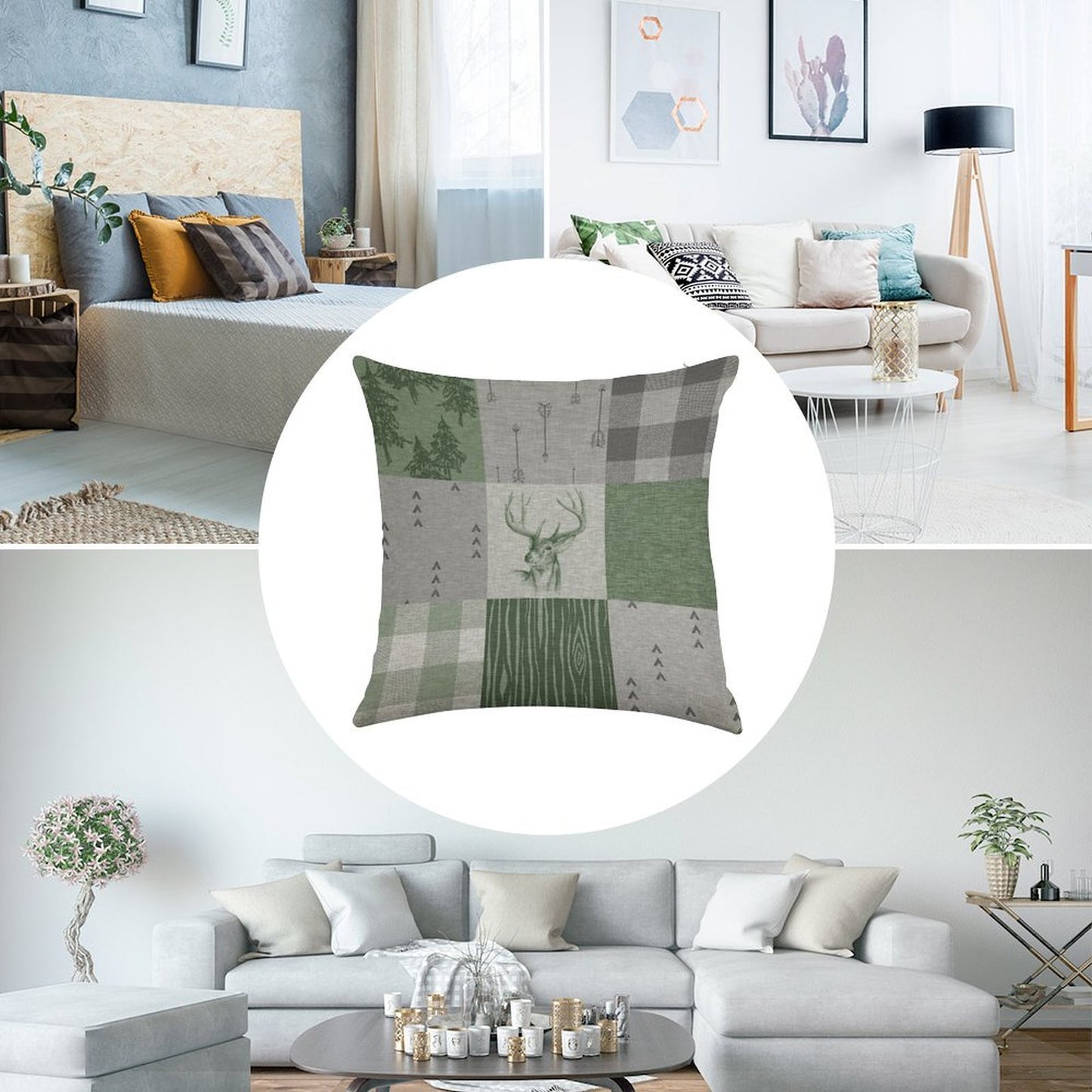 Rustic Deer Patchwork - GreenGrey Linen Throw Pillow Cover