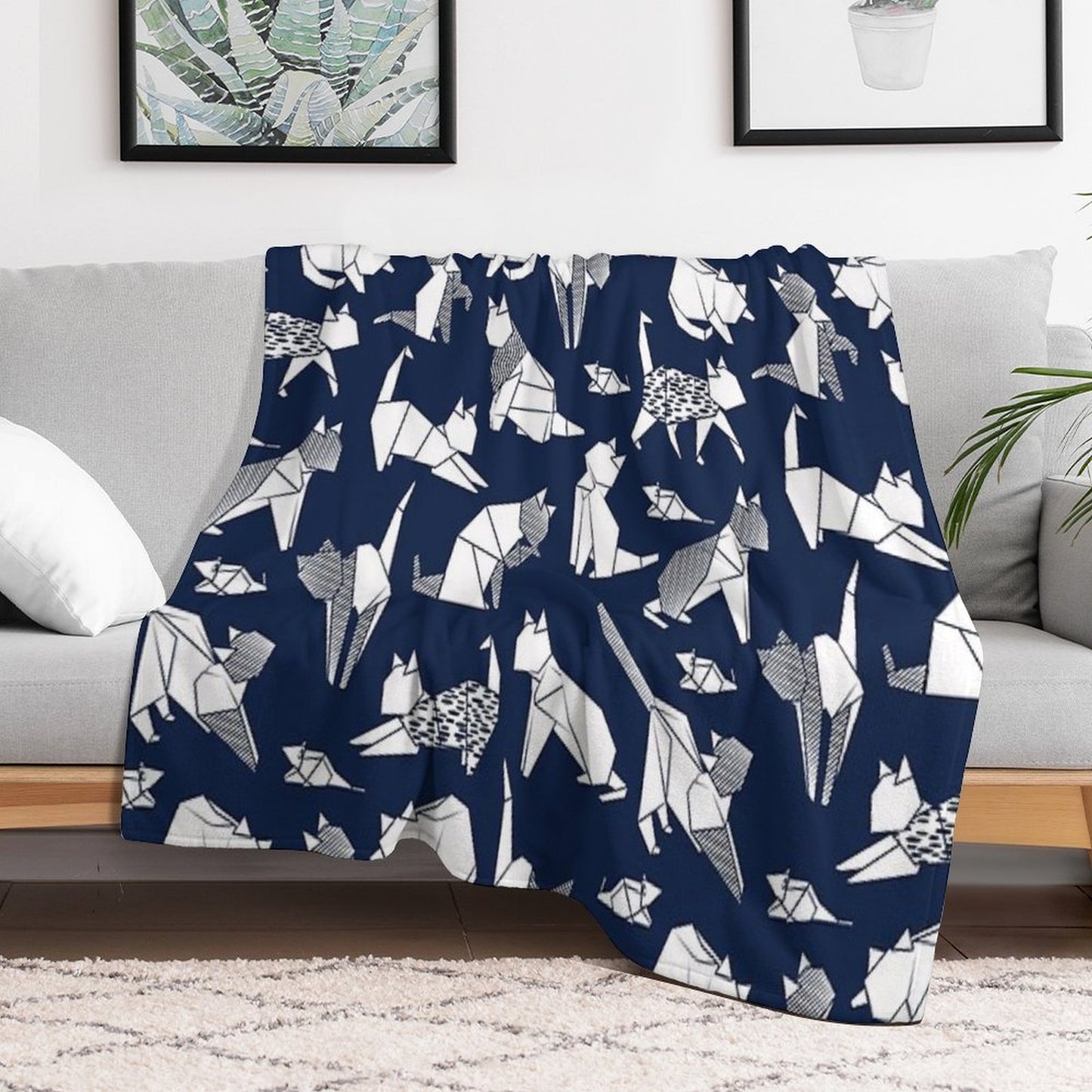 Origami Kitten Friends Blue Navy Background Paper Cats Throw Blanket