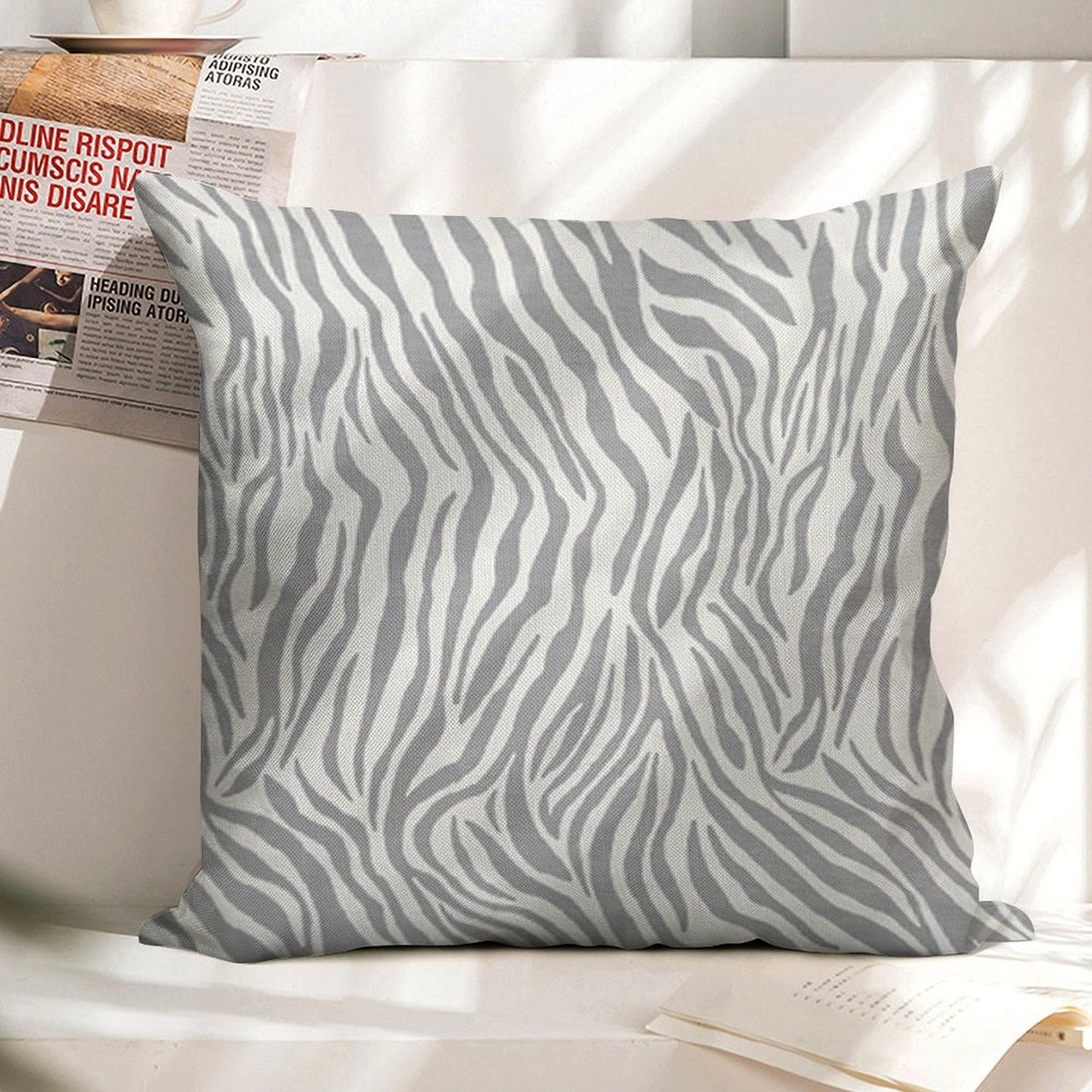Stylish Grey Zebra Print Linen Throw Pillow Cover