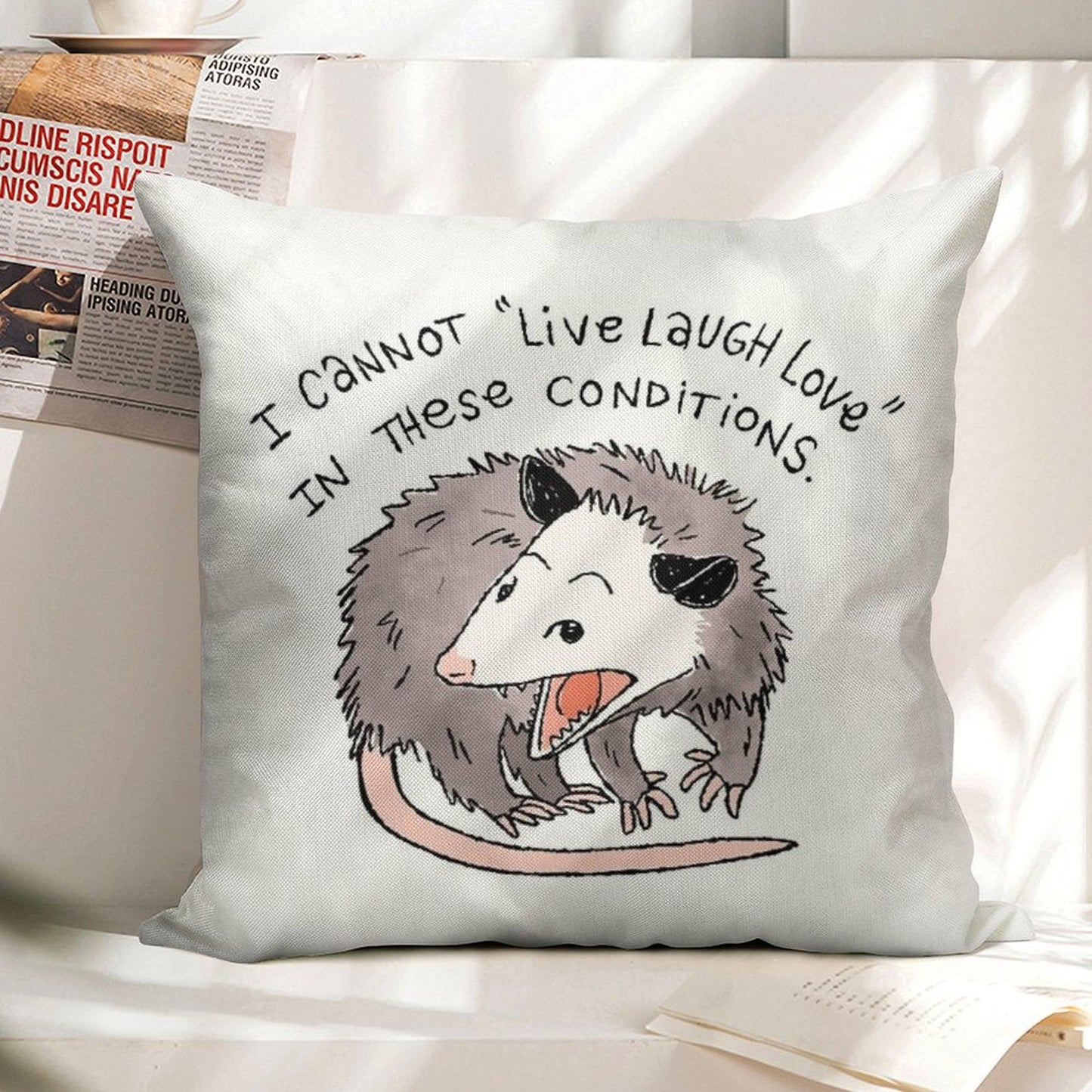 Opossum Live Laugh Love Linen Throw Pillow Cover