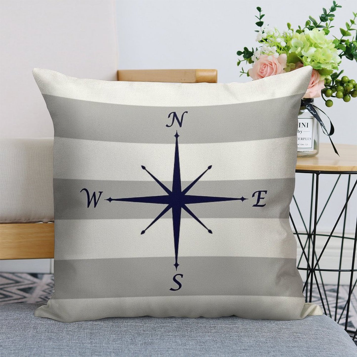 Nautical Navy Blue Compass On Silver Gray And White Stripes Linen Throw Pillow Cover
