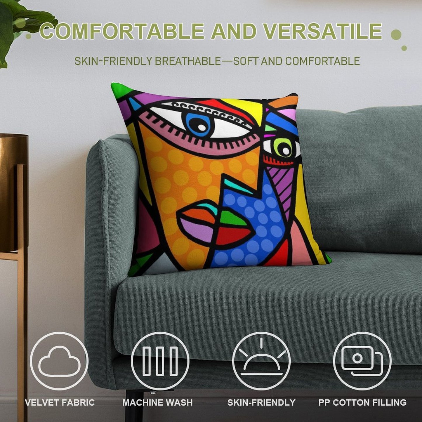 Funky Abstract Style Art Face with Dots And Stripes Soft Anti-Pilling Throw Pillow
