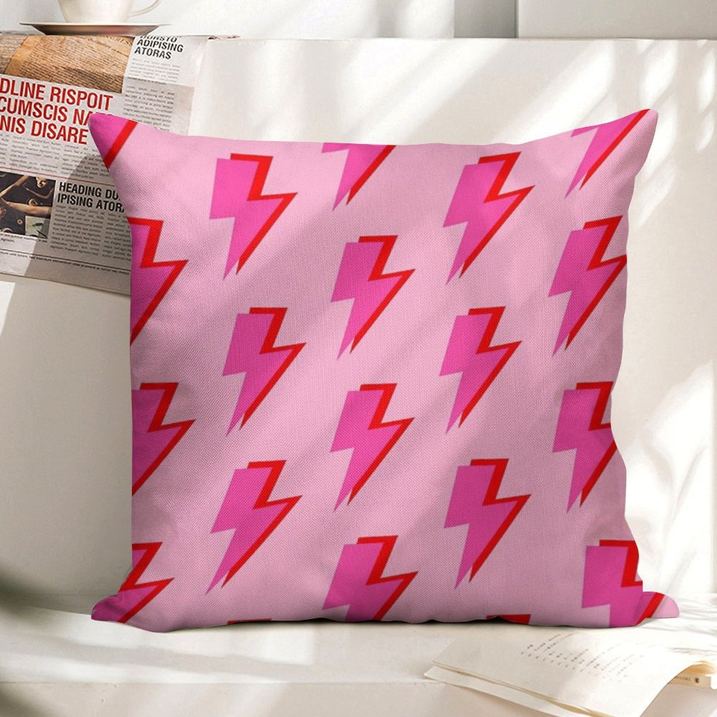Pink And Red Lightning on Pink Linen Throw Pillow Cover
