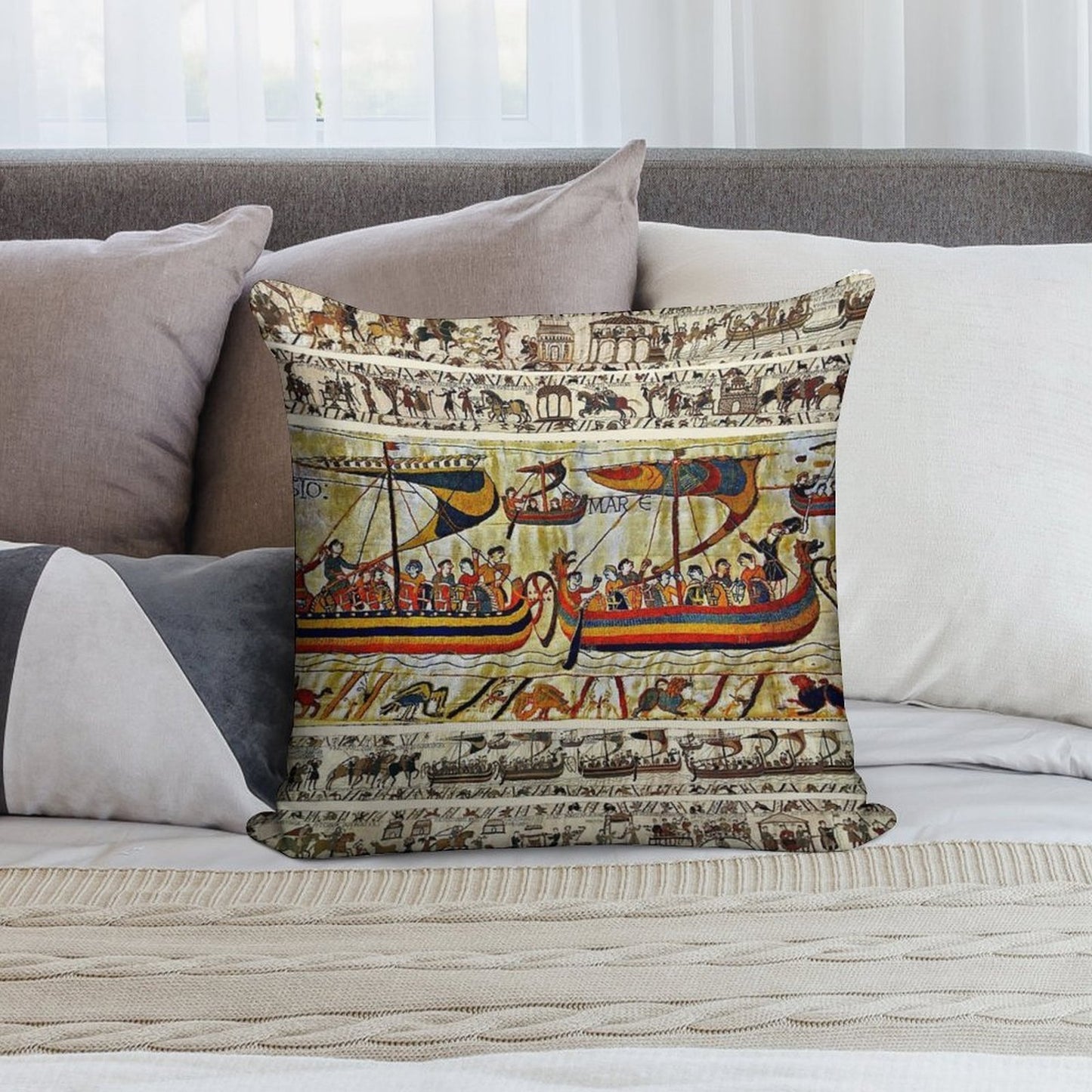 THE BAYEUX TAPESTRY ,VIKING SHIPS Soft Multiple Sizes Throw Pillow