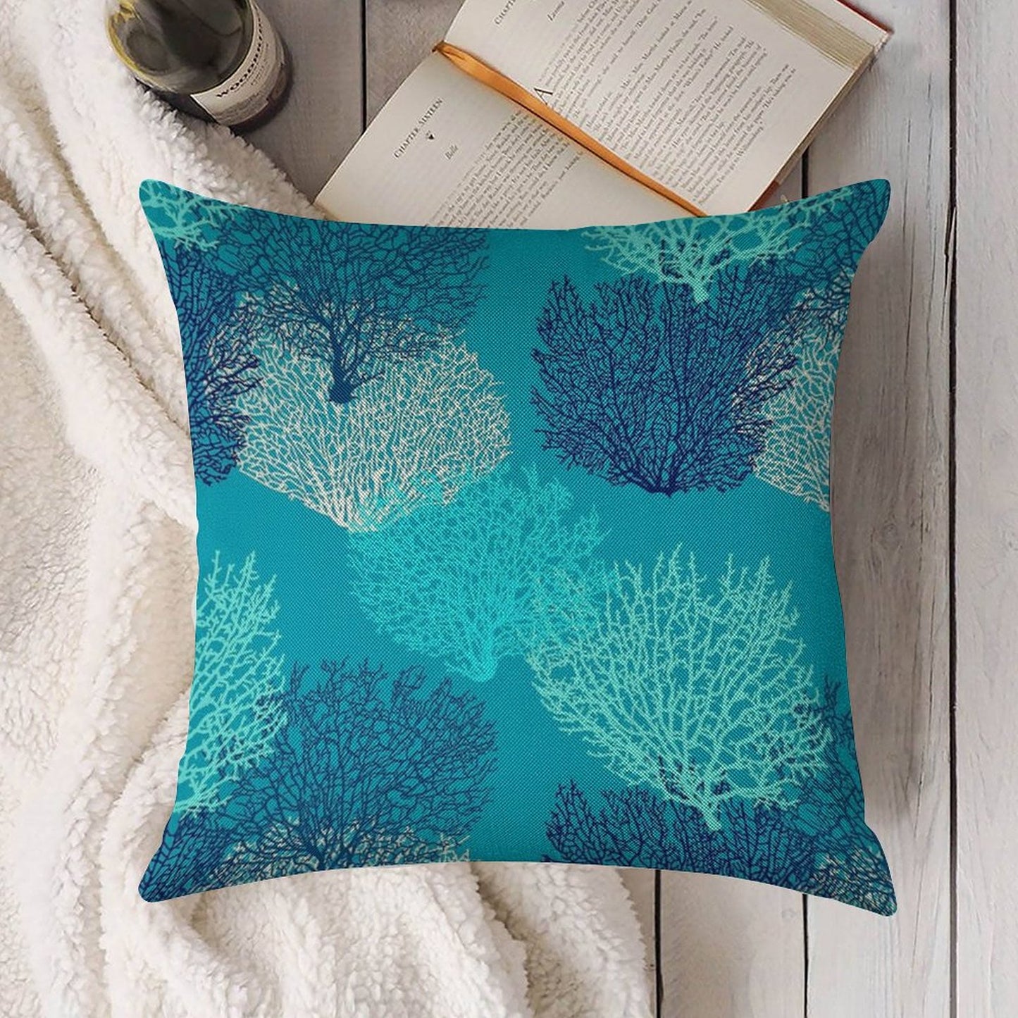 Fan Coral Print, Turquoise, Aqua And Cobalt Blue Linen Throw Pillow Cover