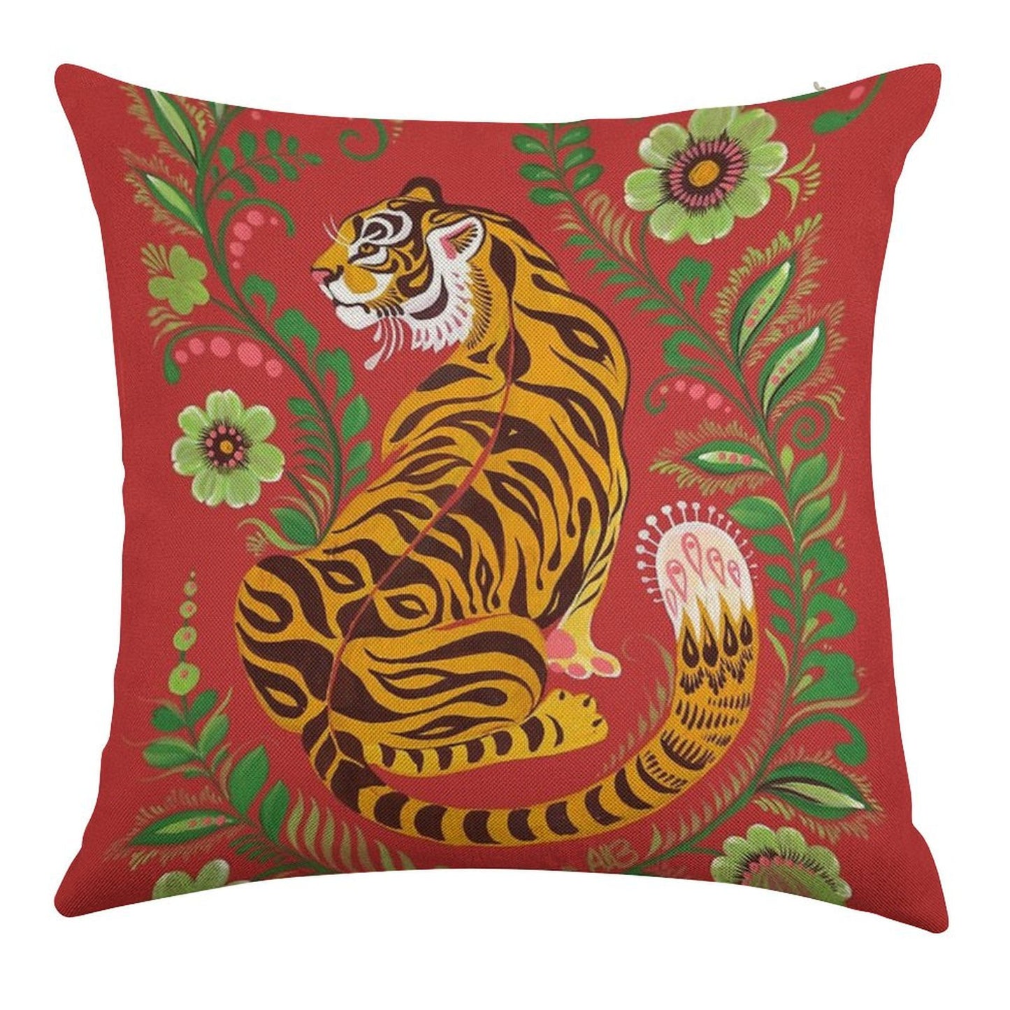 Tiger Folk Art Linen Throw Pillow Cover