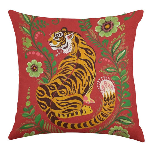 Tiger Folk Art Linen Throw Pillow Cover