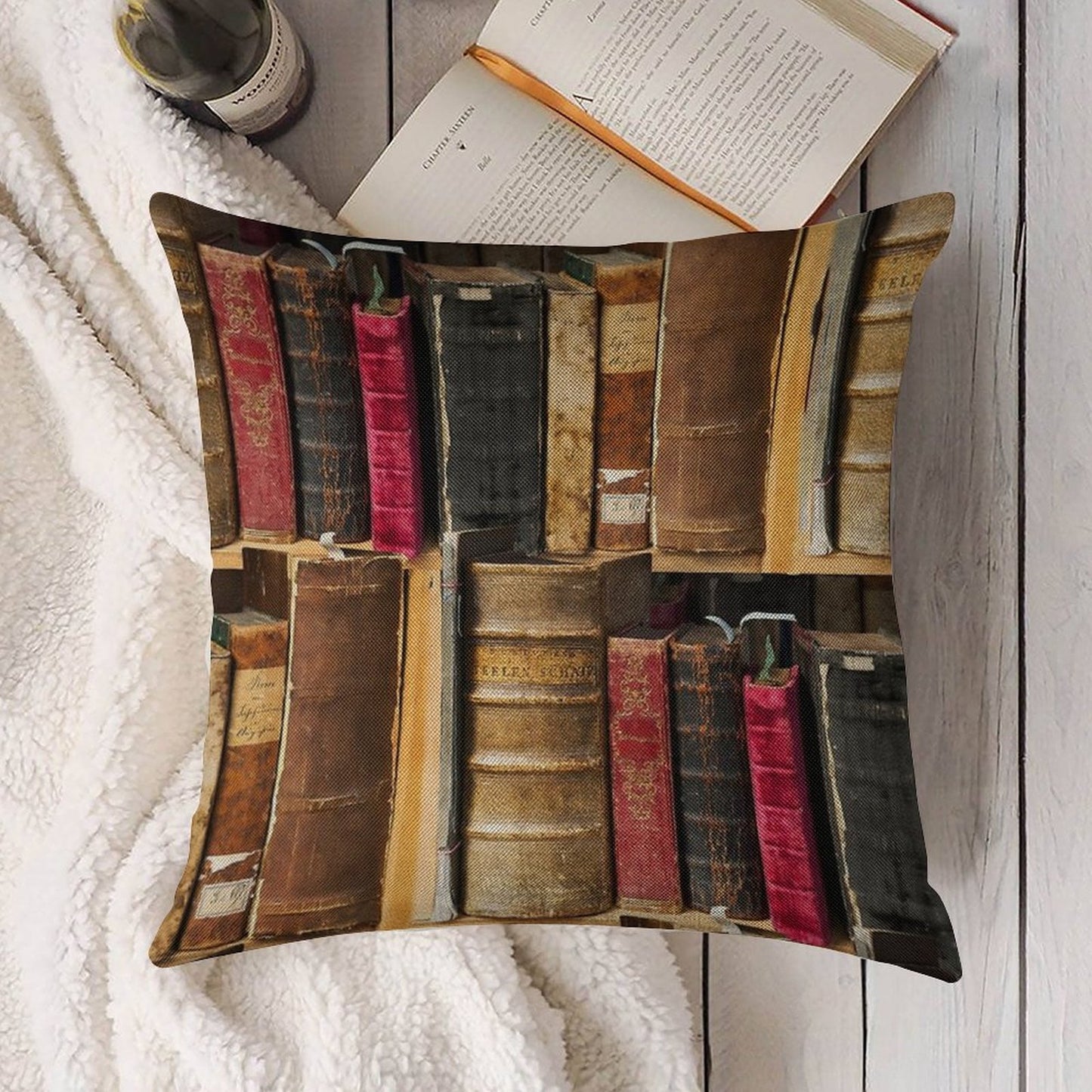 Bookworm Vintage Books in Bookshelf Linen Throw Pillow Cover
