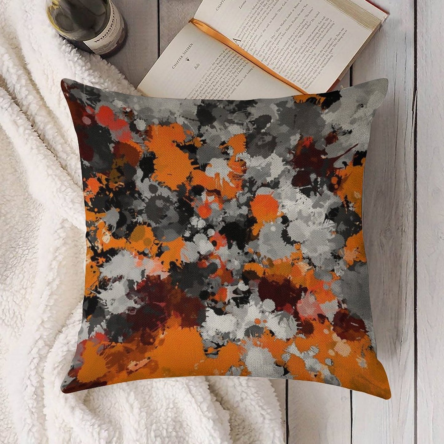 Orange And Grey Paint Splatter Linen Throw Pillow Cover