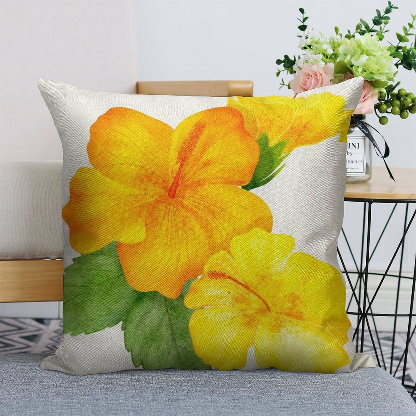 Yellow Hibiscus Watercolor Linen Throw Pillow Cover