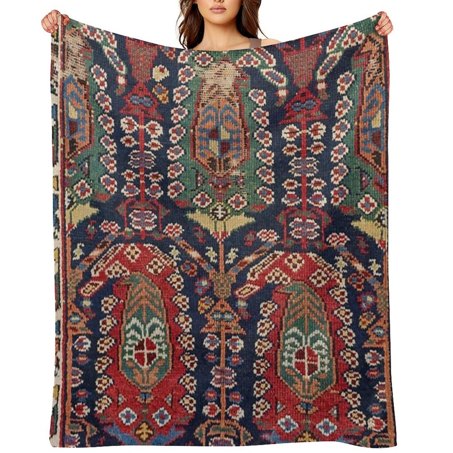 Midnight Blue Botehs 19th Century Authentic Colorful Red Aztec Shapes Rug Throw Blanket