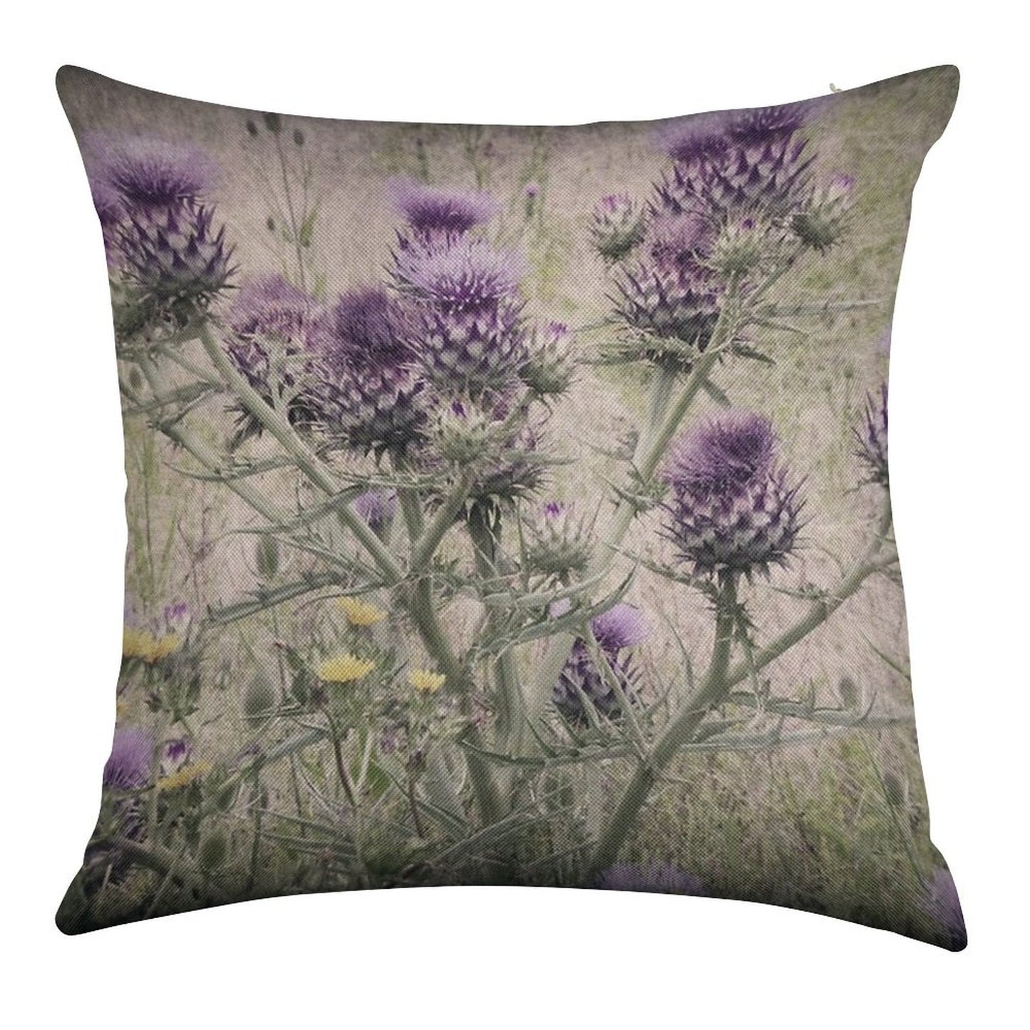 Purple Thistle Flowers with Yellow Daisies. Linen Throw Pillow Cover