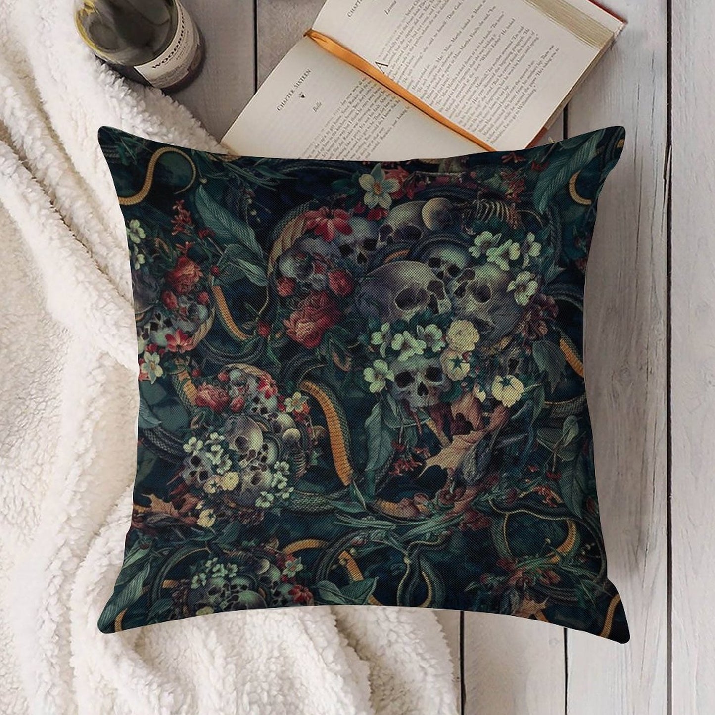Skulls And Snakes Linen Throw Pillow Cover