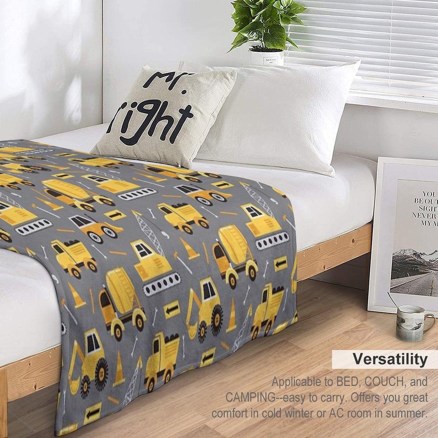 Construction Trucks on Gray Throw Blanket