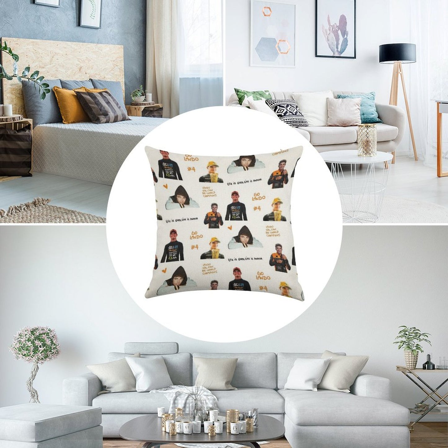 Lando Norris Illustrated Stickers Linen Throw Pillow Cover