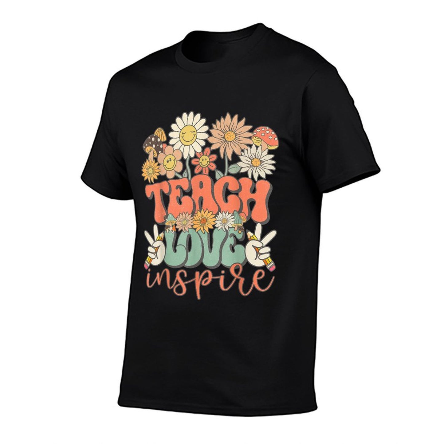 Teach Love Inspire Retro Groovy Daisy Back To School Teacher T-Shirt