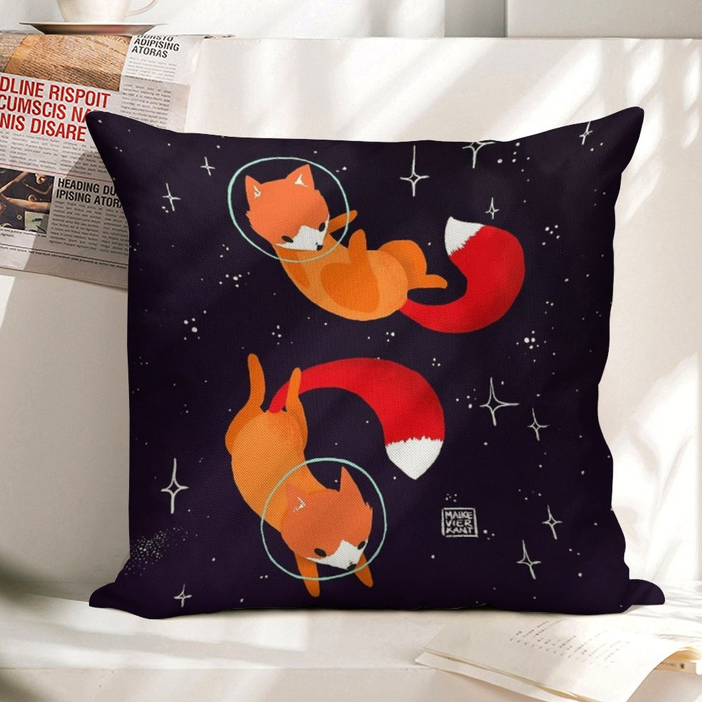 Space Foxes Linen Throw Pillow Cover