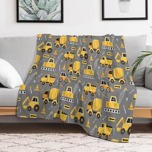 Construction Trucks on Gray Throw Blanket