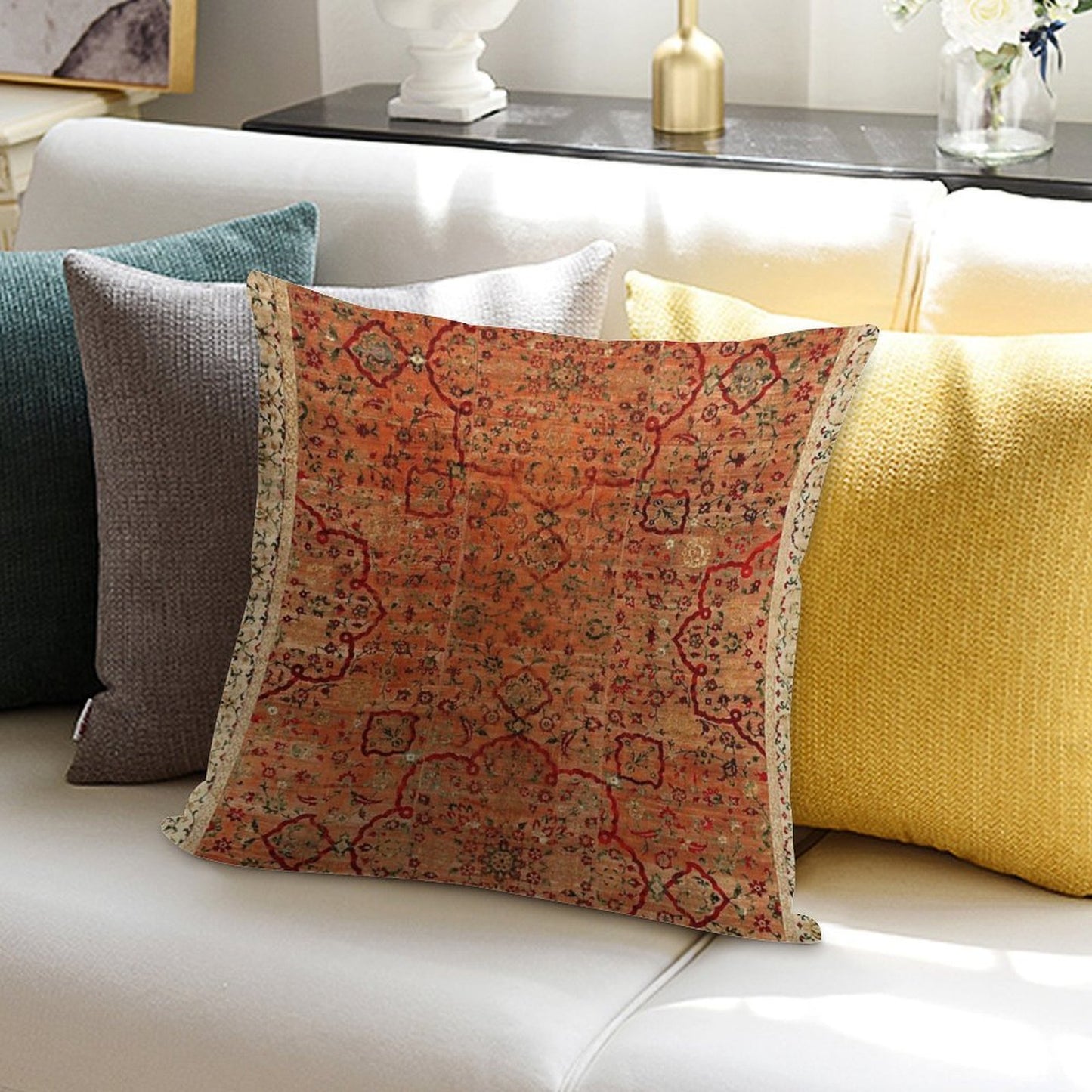 17th Century Velvet And Silk Carpet Print Soft Decorative Cover Throw Pillow