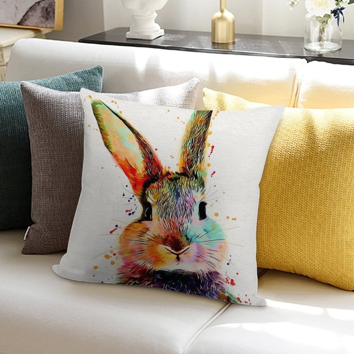 Rabbit Watercolor Art Work Soft Warmth Comfort Throw Pillow