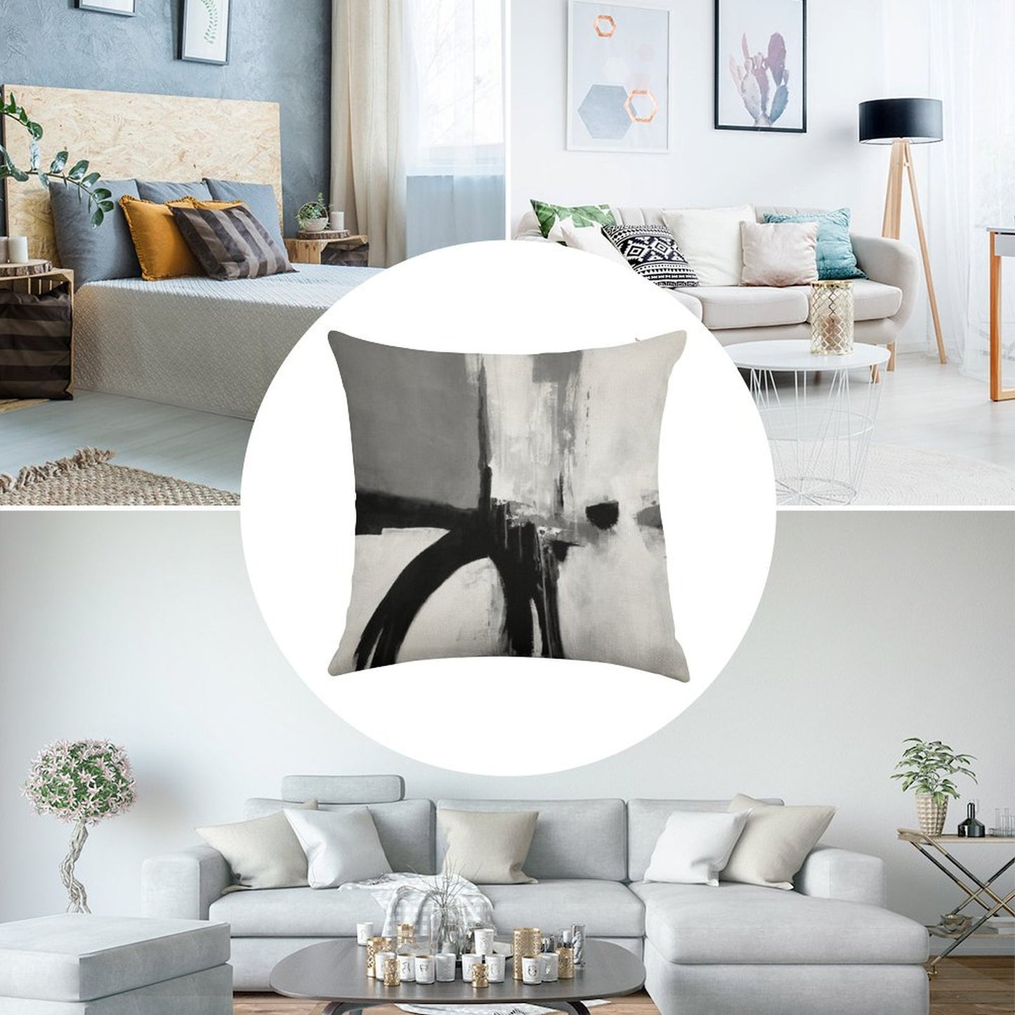 Black White Grey Abstract Linen Throw Pillow Cover