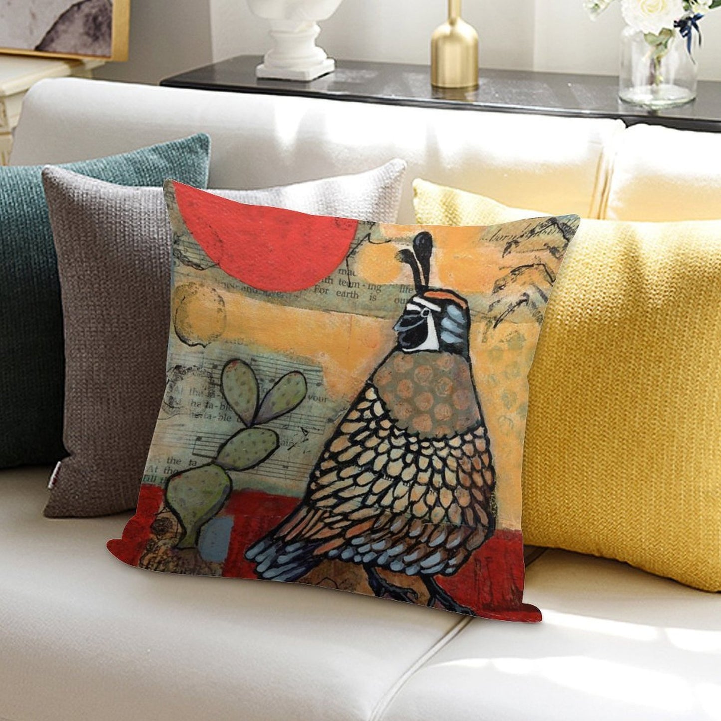 Desert Quail Red Sun Cactus Soft Warmth Comfort Throw Pillow